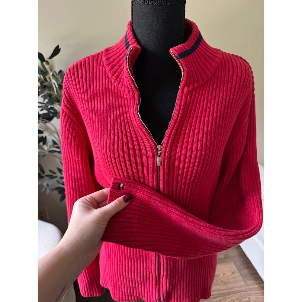 Tommy Hilfiger Red Ribbed Full Zip Cardigan Sweater Mock Neck XL - Picture 3 of 4